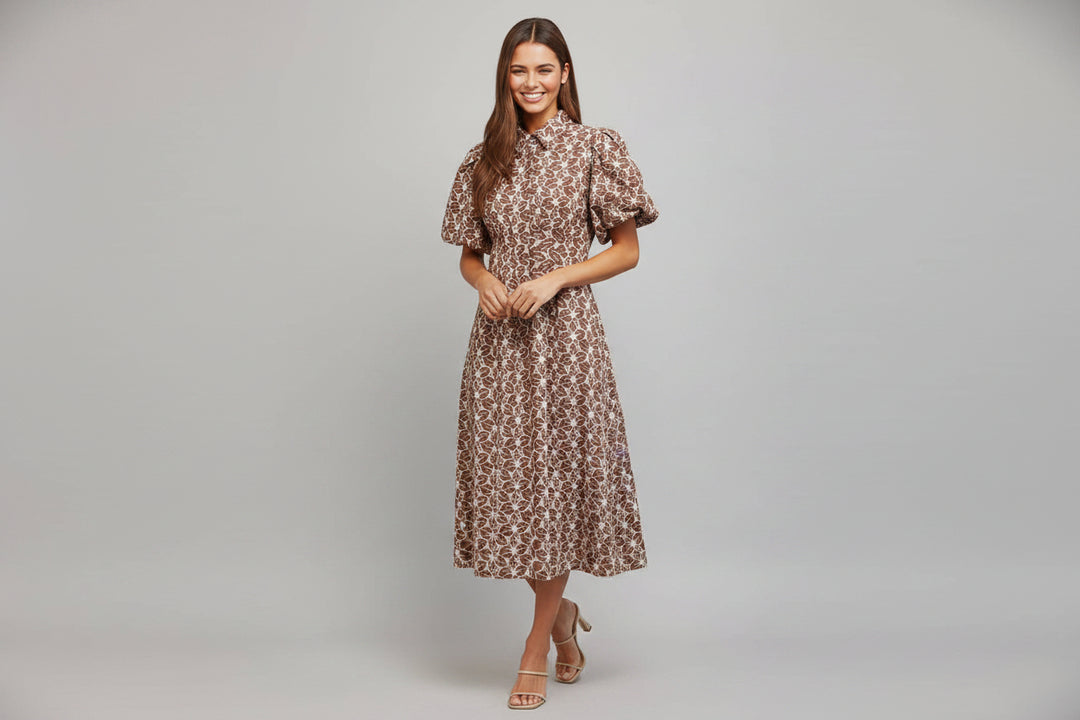 Brown Floral Eyelet Button Down Midi Dress w Cinched Waist