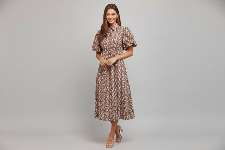 Brown Floral Eyelet Button Down Midi Dress w Cinched Waist