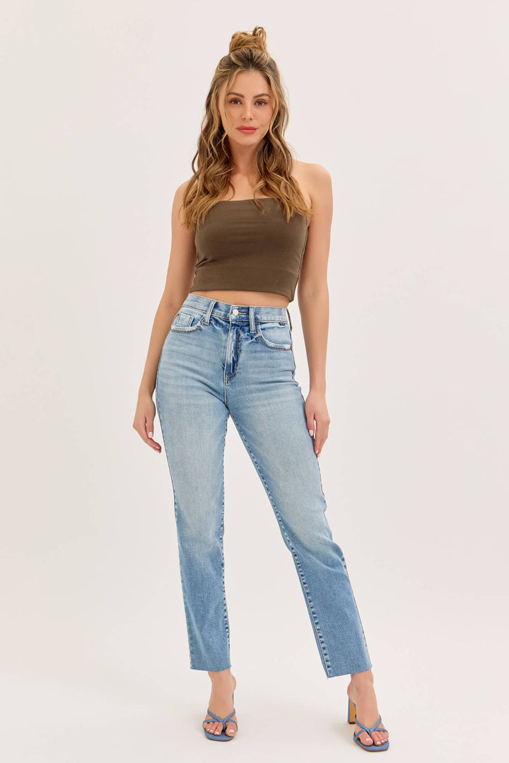 Cello High Rise Crop Straight Medium Denim Jeans