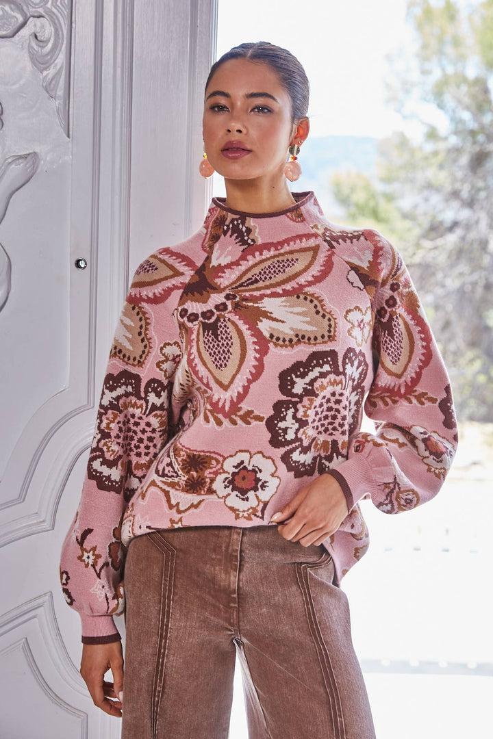 Fate Bold Floral & Paisley Pattern Funnel Neck Sweater