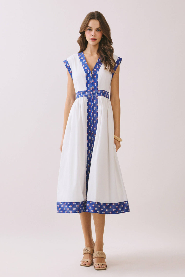 TCEC Contrast Printed Trim Midi Dress