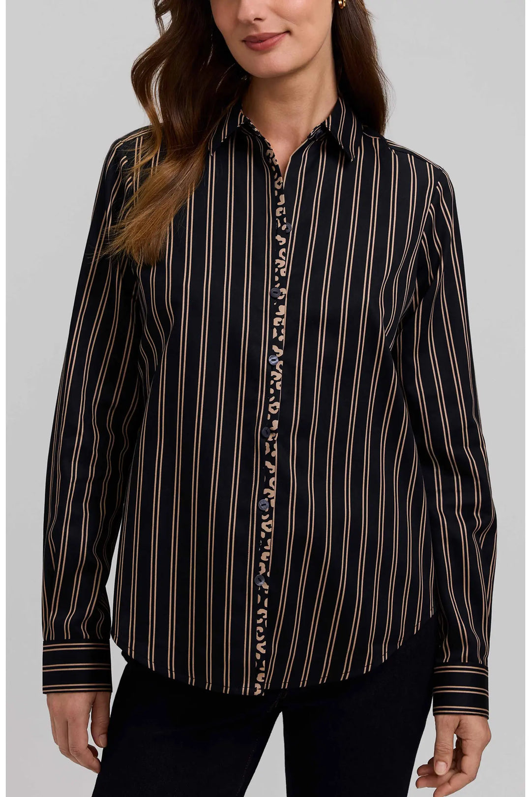 Foxcroft Charlie Stripe Black/Almond Animal Print Trim Cotton Button-Up Shirt