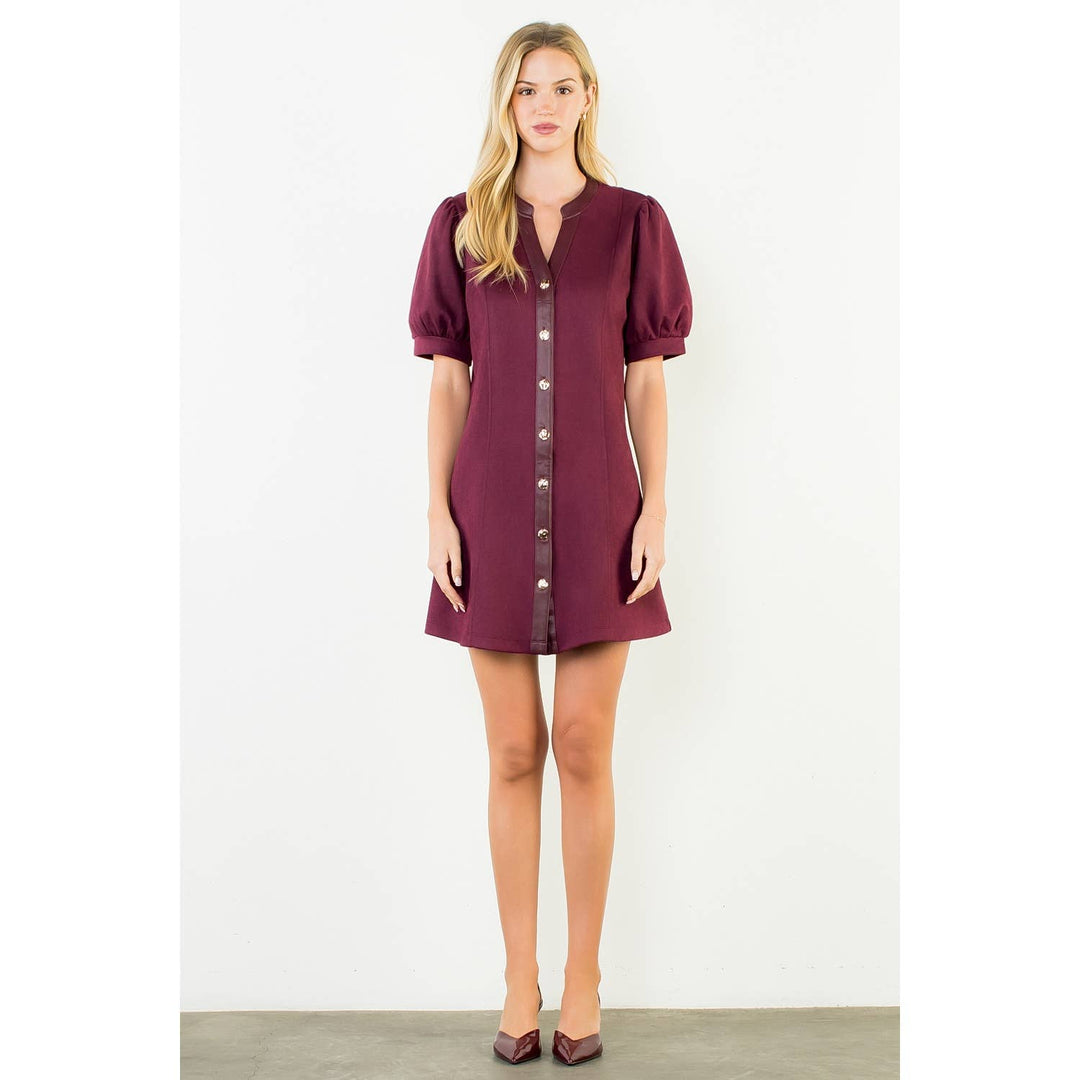 Burgundy Suede Short Dress With Gold Buttons