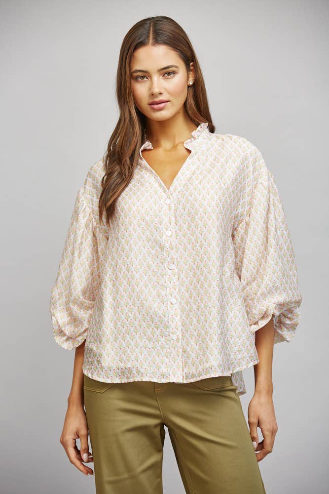 FLORAL BLOCK PRINT TENCEL BLEND RUFFLE BLOUSE FT21343