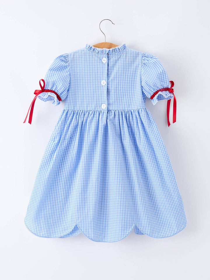 Back To School Apple Applique Plaid Girls Smocked Dress