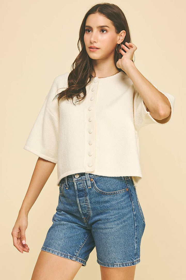 Pinch Button Down Short Sleeve Sweater