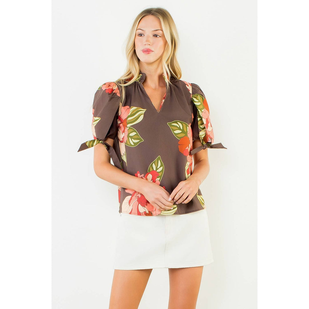 Ruffled Floral Top With Bow Tie Sleeve