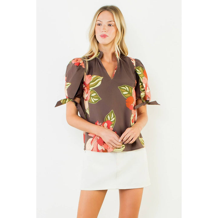 Ruffled Floral Top With Bow Tie Sleeve