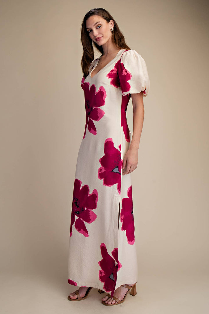 Glam Floral Puff-Sleeve A-Line Maxi Dress