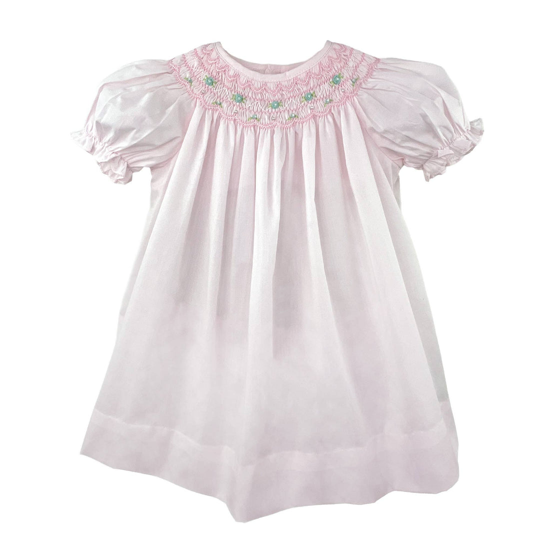 Petit Ami Pink Dress with Hand Bishop Scalloped Smocking