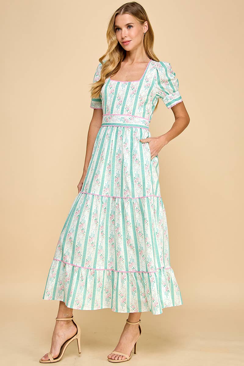 Striped Floral Cinched Waist Midi Dress