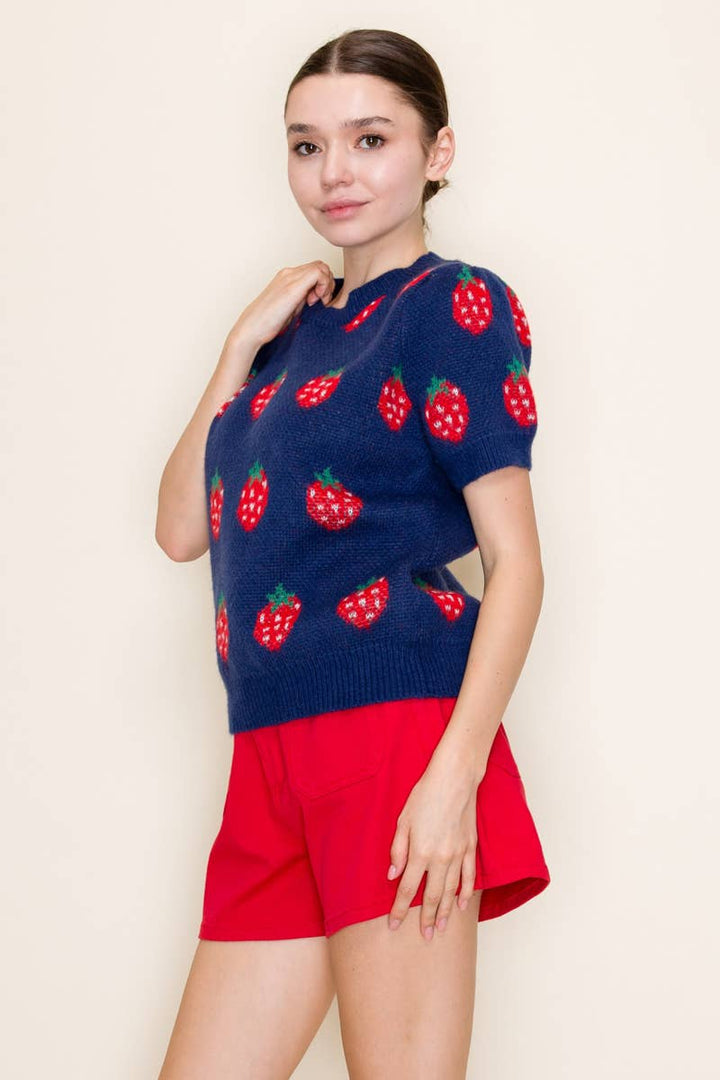 Navy Strawberry Knit Short Sleeve Top