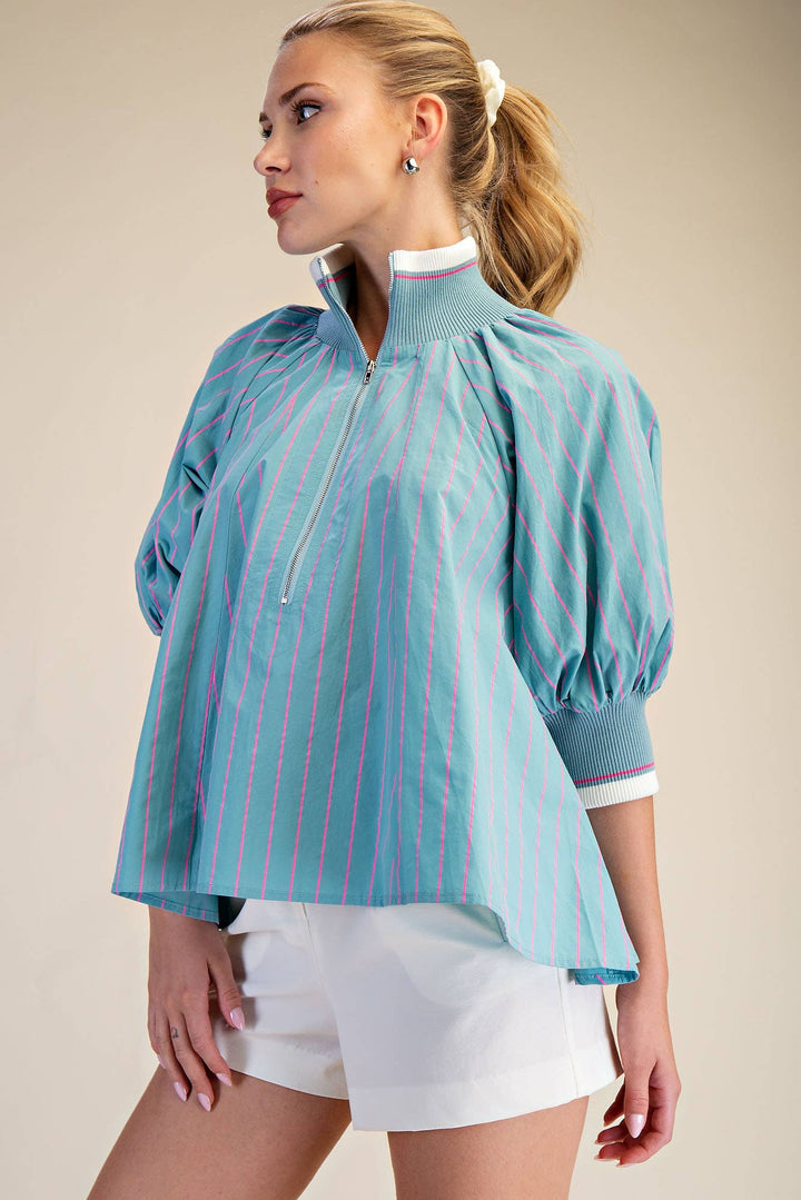 Glam Mint Mock Neck Puff Sleeve Blouse