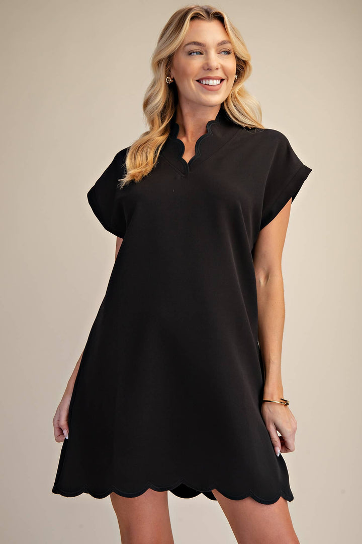 Black Scallop V-Neck Mini Dress