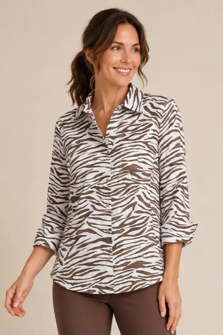 ZEBRA POPLIN BUTTON DOWN RIBBED KNIT SIDES TOP
