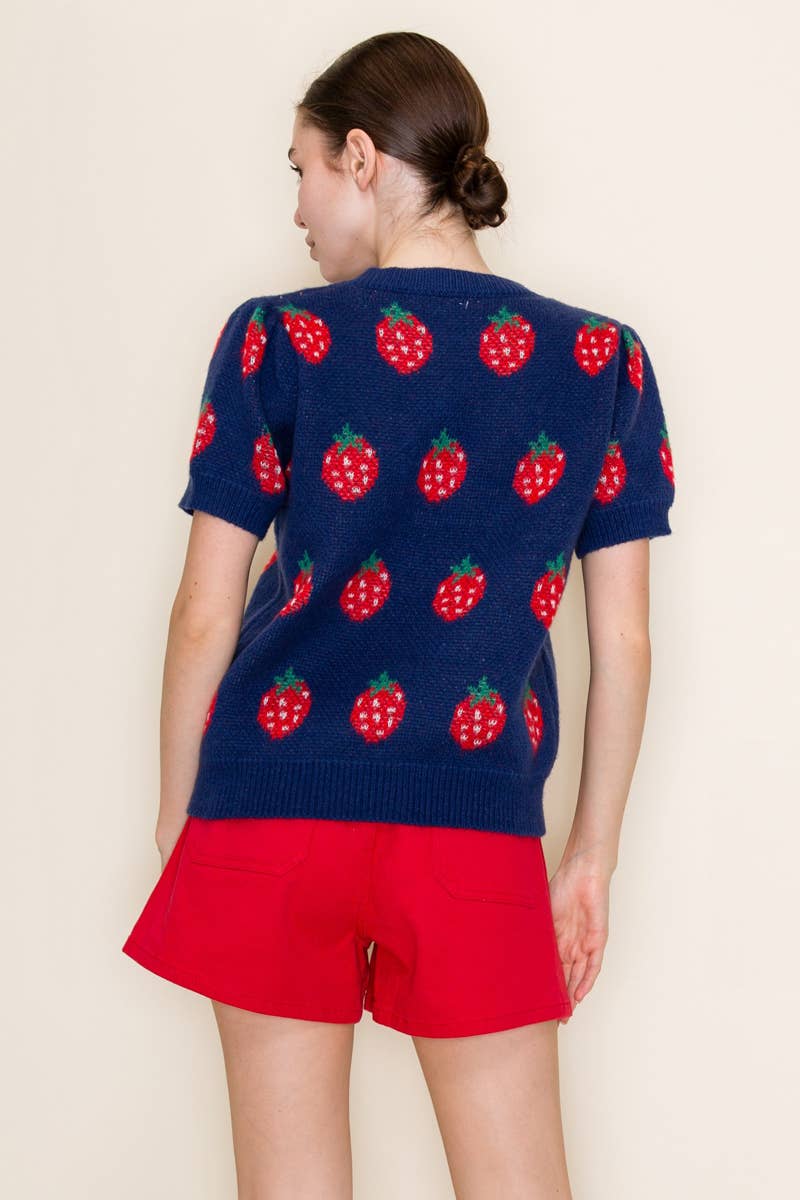 Navy Strawberry Knit Short Sleeve Top