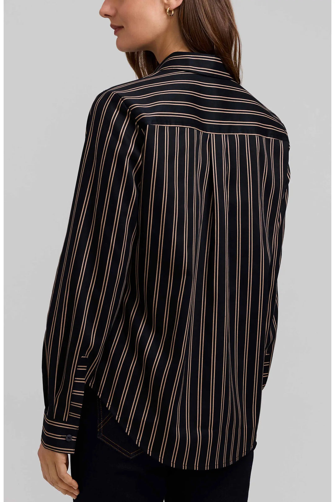 Foxcroft Charlie Stripe Black/Almond Animal Print Trim Cotton Button-Up Shirt