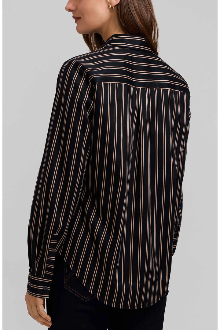 Foxcroft Charlie Stripe Black/Almond Animal Print Trim Cotton Button-Up Shirt