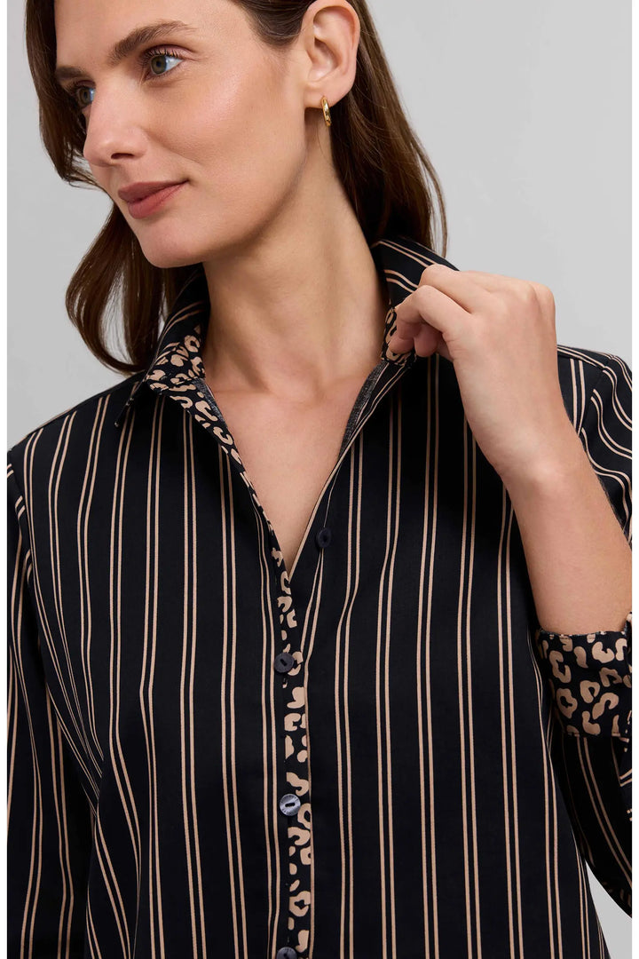 Foxcroft Charlie Stripe Black/Almond Animal Print Trim Cotton Button-Up Shirt