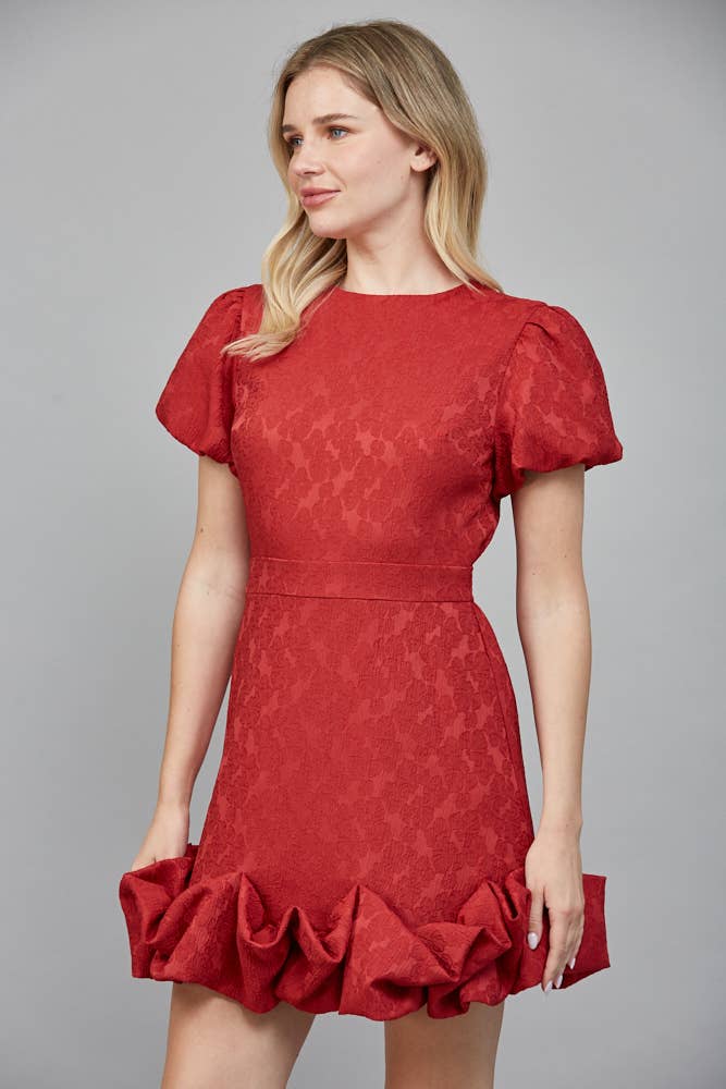 Fate Jacquard Fabric Short Puff Sleeve Ruffle Dress- Red