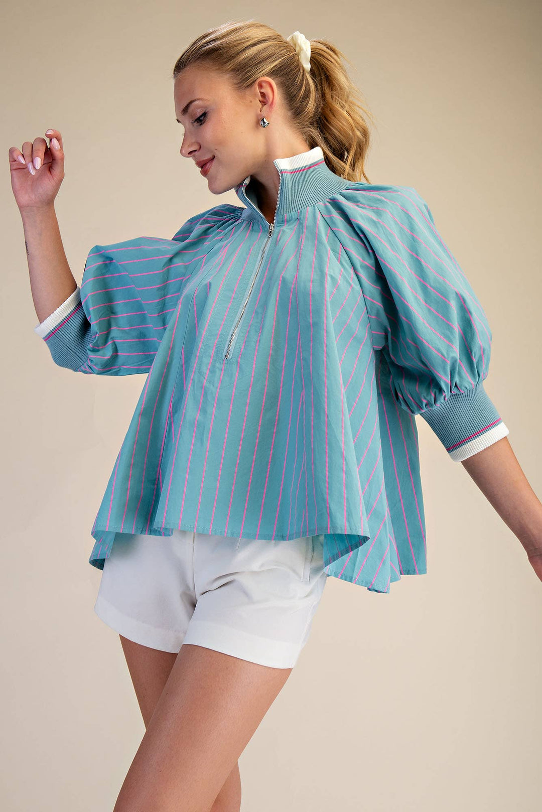 Glam Mint Mock Neck Puff Sleeve Blouse