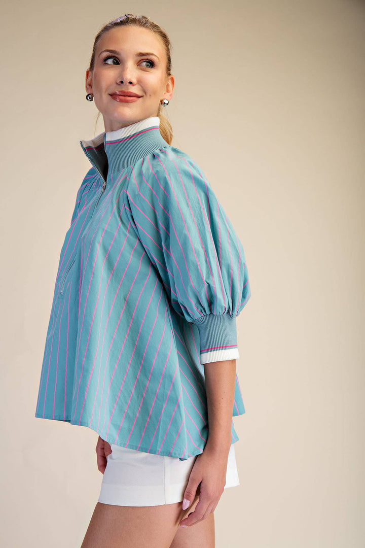 Glam Mint Mock Neck Puff Sleeve Blouse