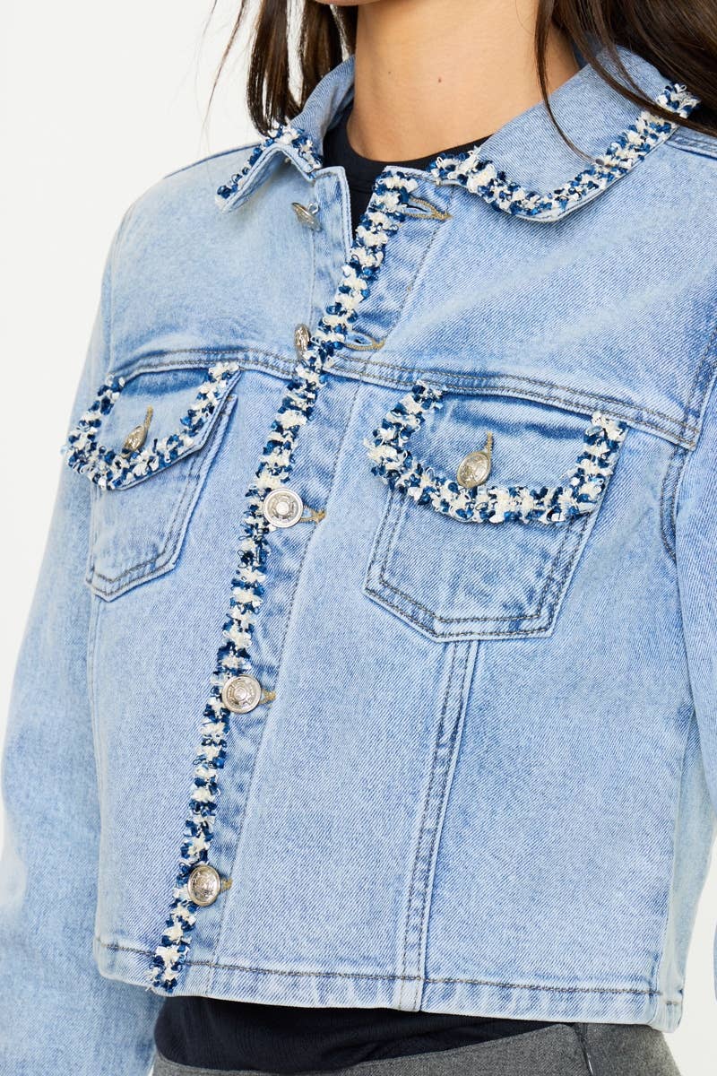 BOUCLE TRIM CROP DENIM JACKET-KC2242L