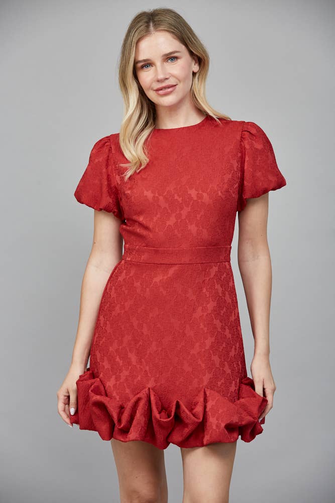 Fate Jacquard Fabric Short Puff Sleeve Ruffle Dress- Red