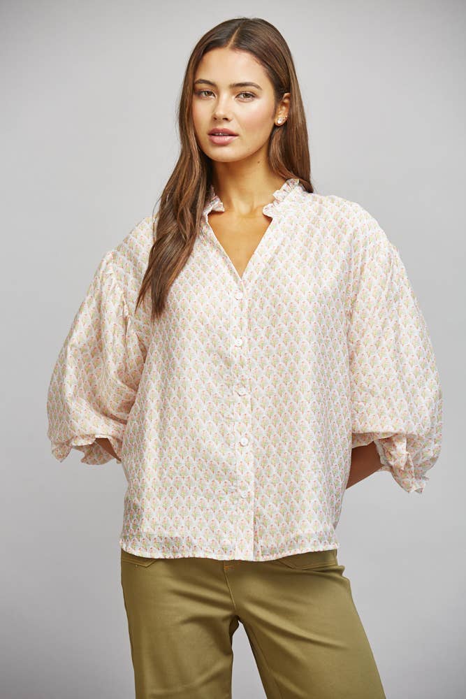 FLORAL BLOCK PRINT TENCEL BLEND RUFFLE BLOUSE FT21343