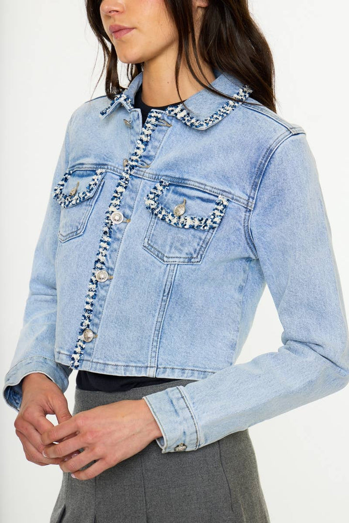 BOUCLE TRIM CROP DENIM JACKET-KC2242L