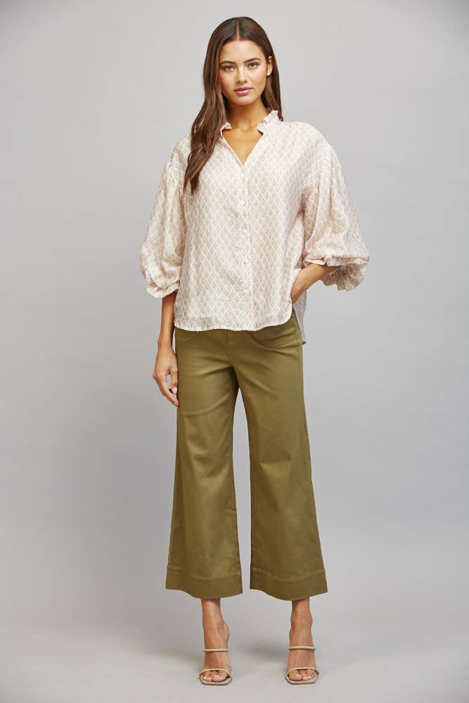 FLORAL BLOCK PRINT TENCEL BLEND RUFFLE BLOUSE FT21343
