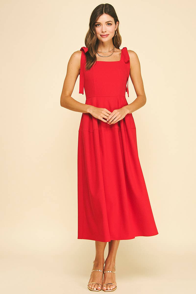 Pinch Ribbon Detailed Sleeve Midi Dress- Red