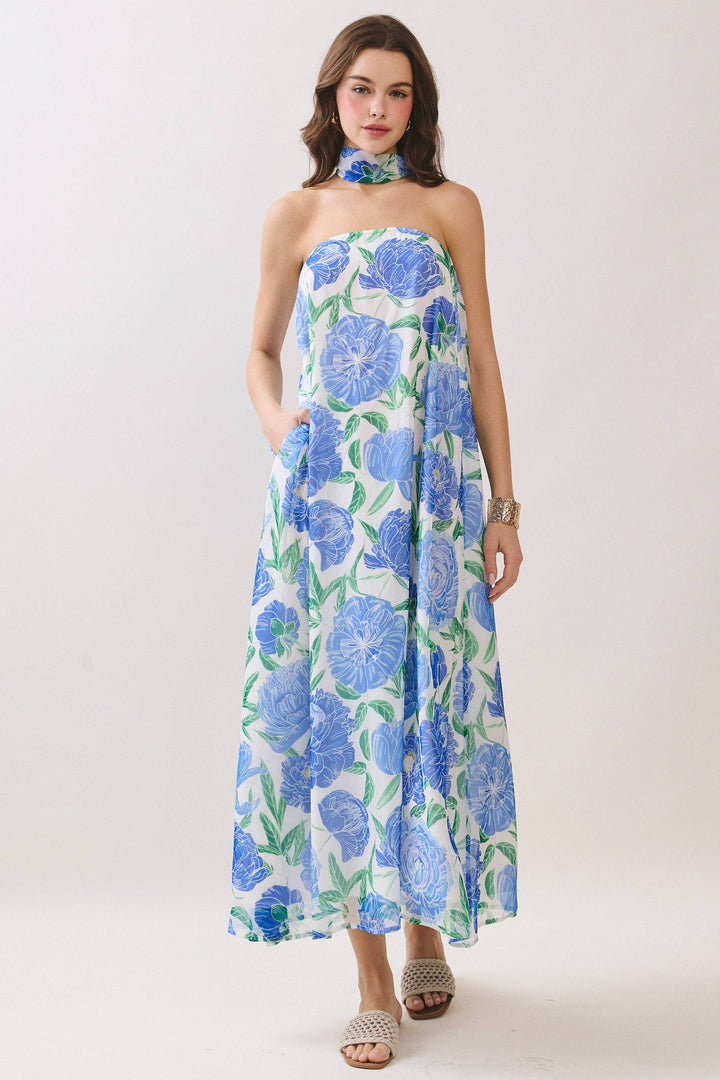 Strapless Floral Maxi Dress with Convertible Scarf