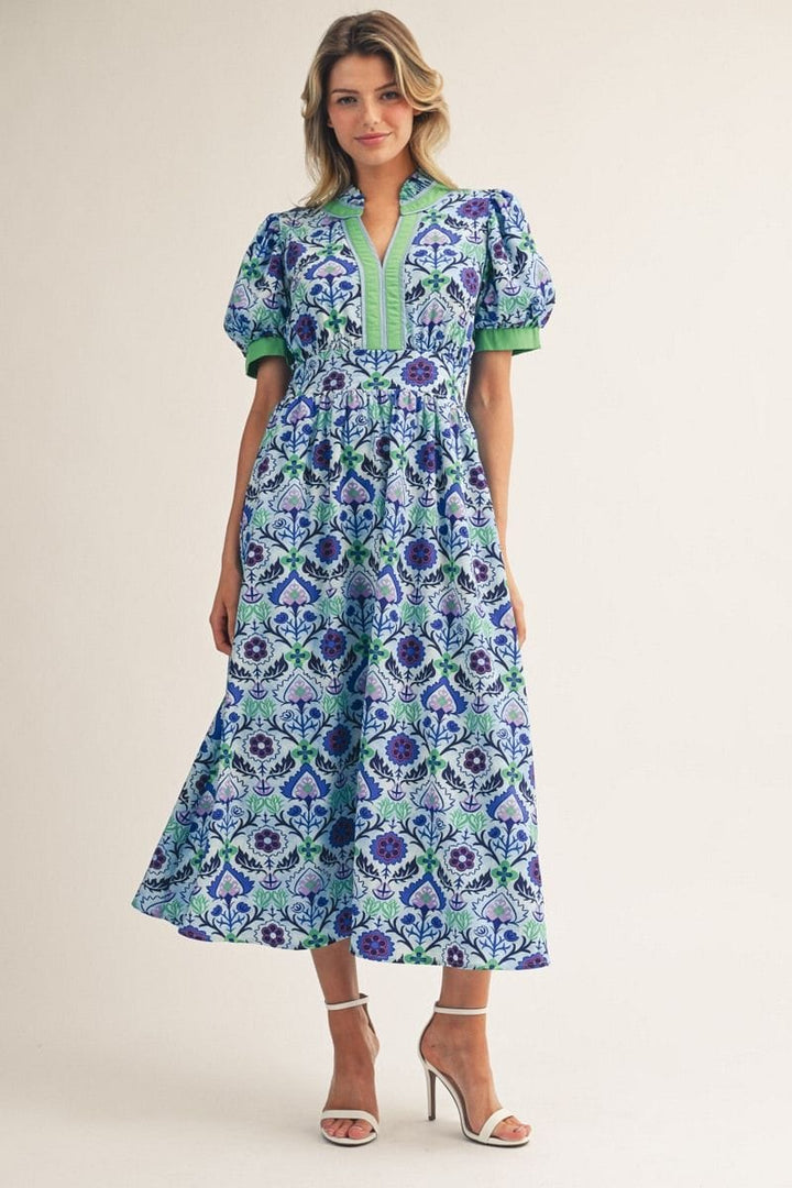 Jodifl Whimsy Floral Midi Dress with Solid Contrast Trim- Blue Mix