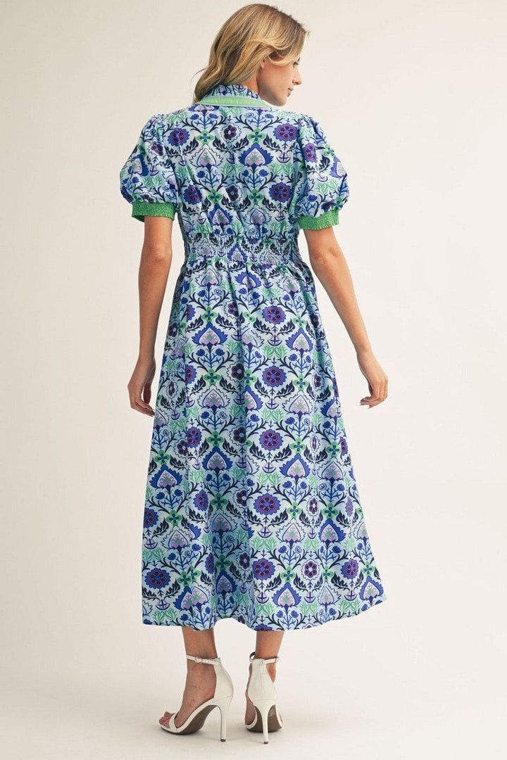 Jodifl Whimsy Floral Midi Dress with Solid Contrast Trim- Blue Mix
