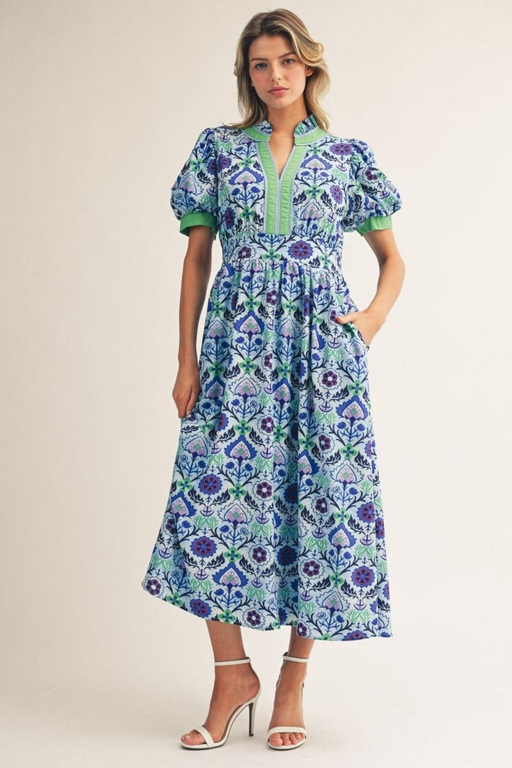 Jodifl Whimsy Floral Midi Dress with Solid Contrast Trim- Blue Mix
