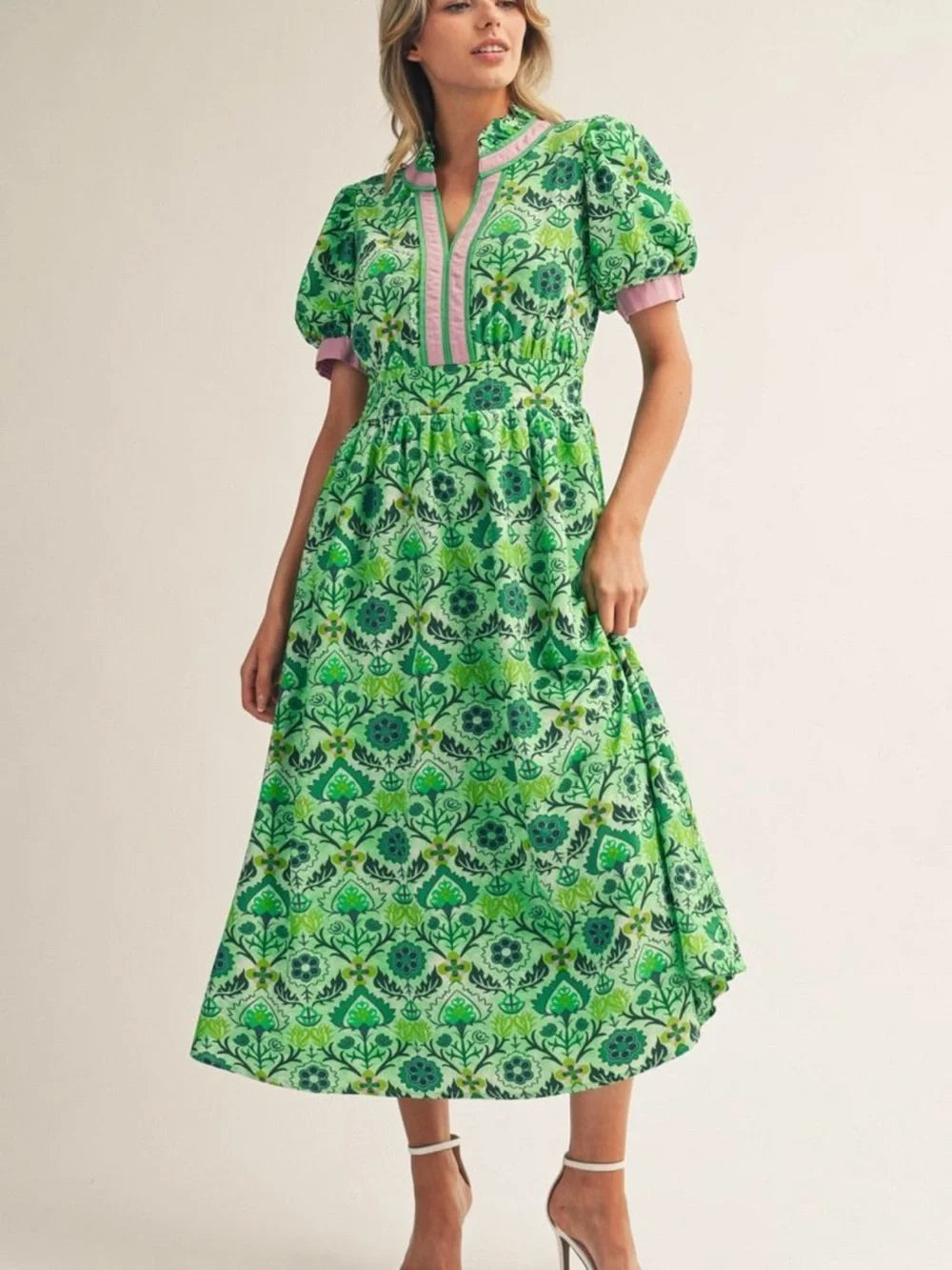 Jodifl Whimsy Floral Midi Dress with Solid Contrast Trim- Green Mix – Rebecca's of Clinton