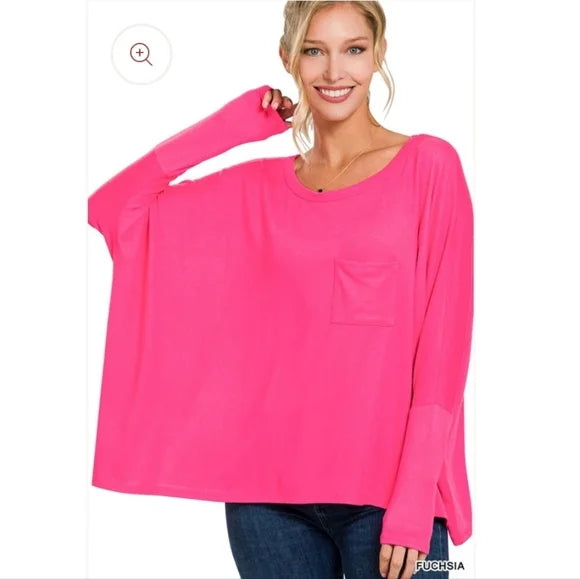 Zenana Dolman Sleeve Round Neck Pocket Shirt with Front Pocket